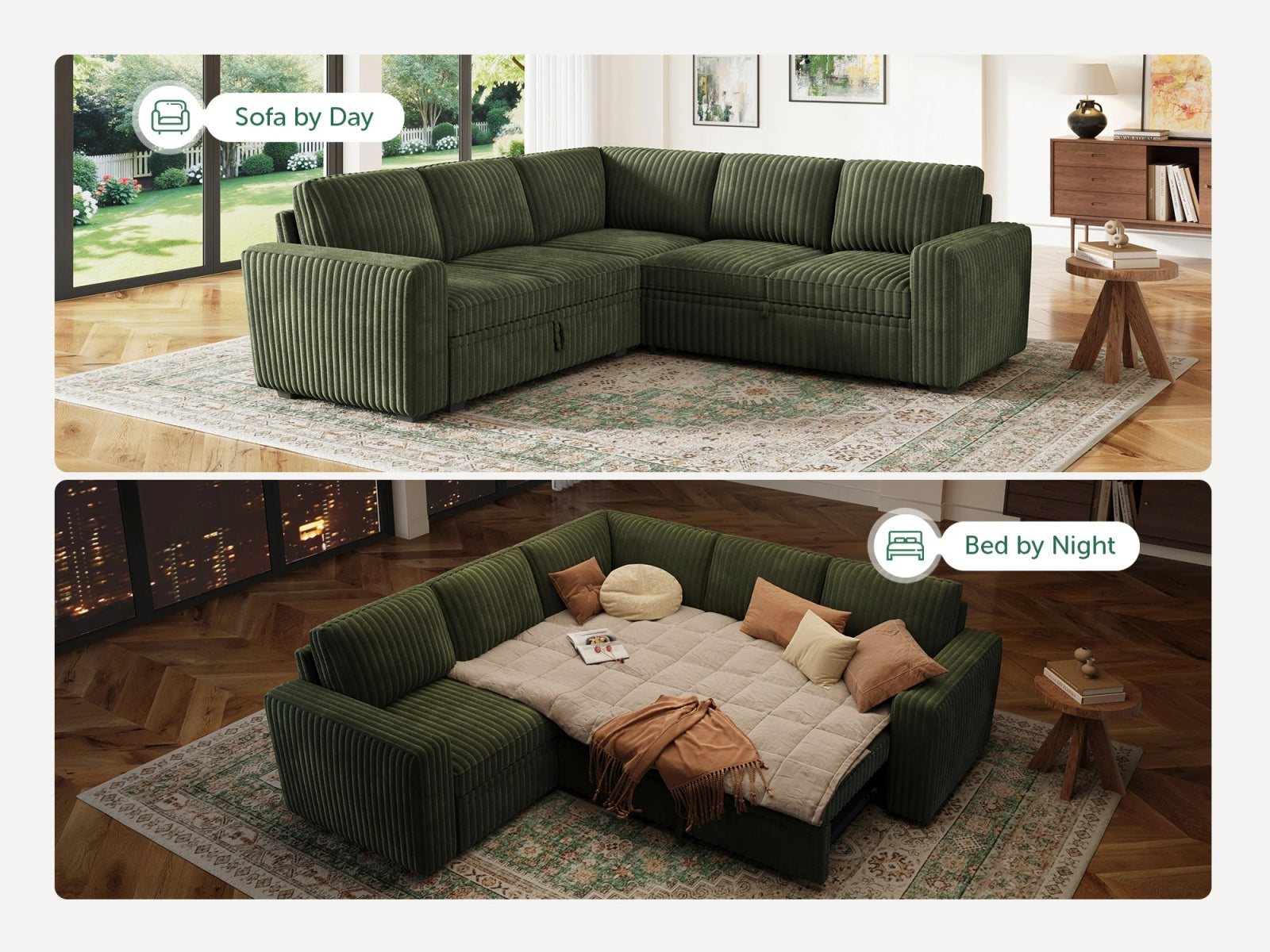 5-Piece Wide Plush Corduroy Modular Sleeper
 #Color_Corduroy Green