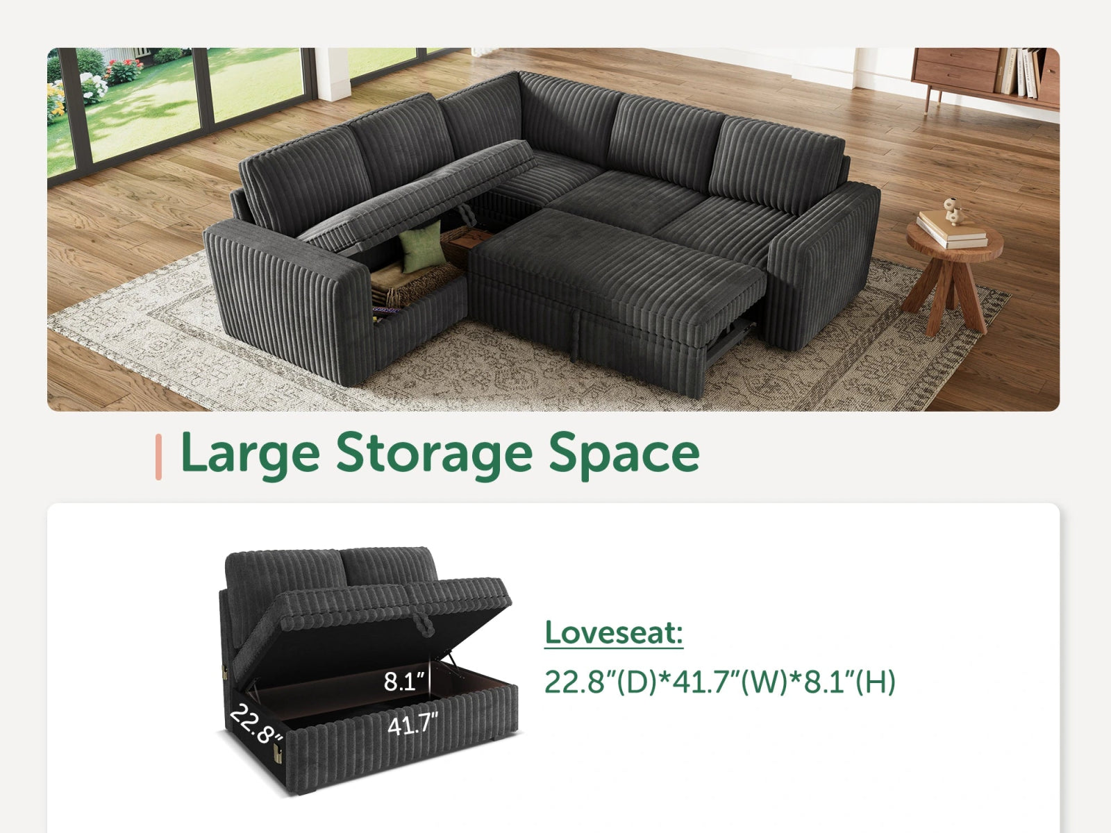 5-Piece Wide Plush Corduroy Modular Sleeper
 #Color_Gray