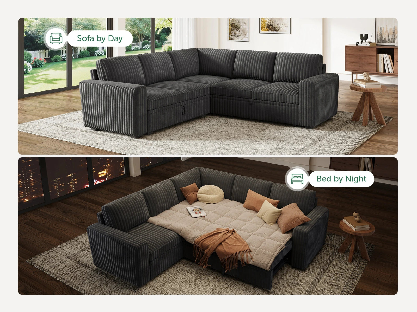 5-Piece Wide Plush Corduroy Modular Sleeper
 #Color_Gray