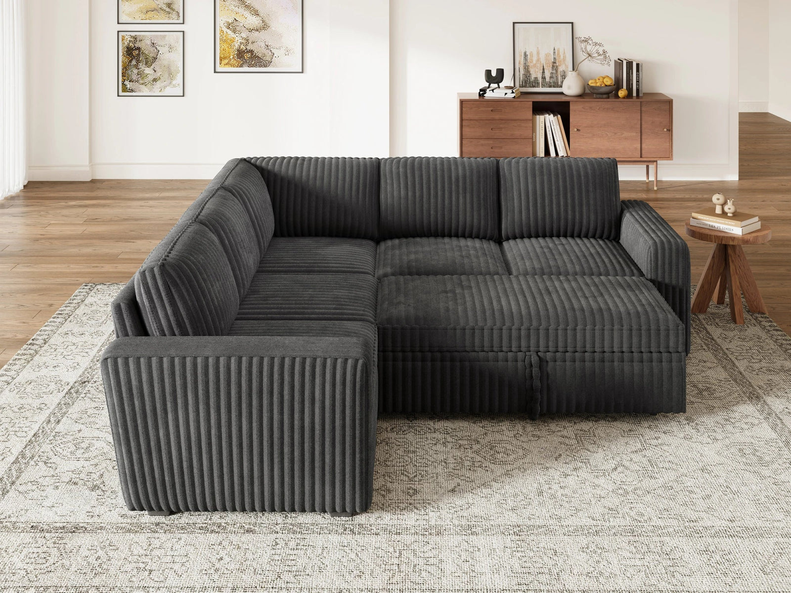 5-Piece Wide Plush Corduroy Modular Sleeper
 #Color_Gray