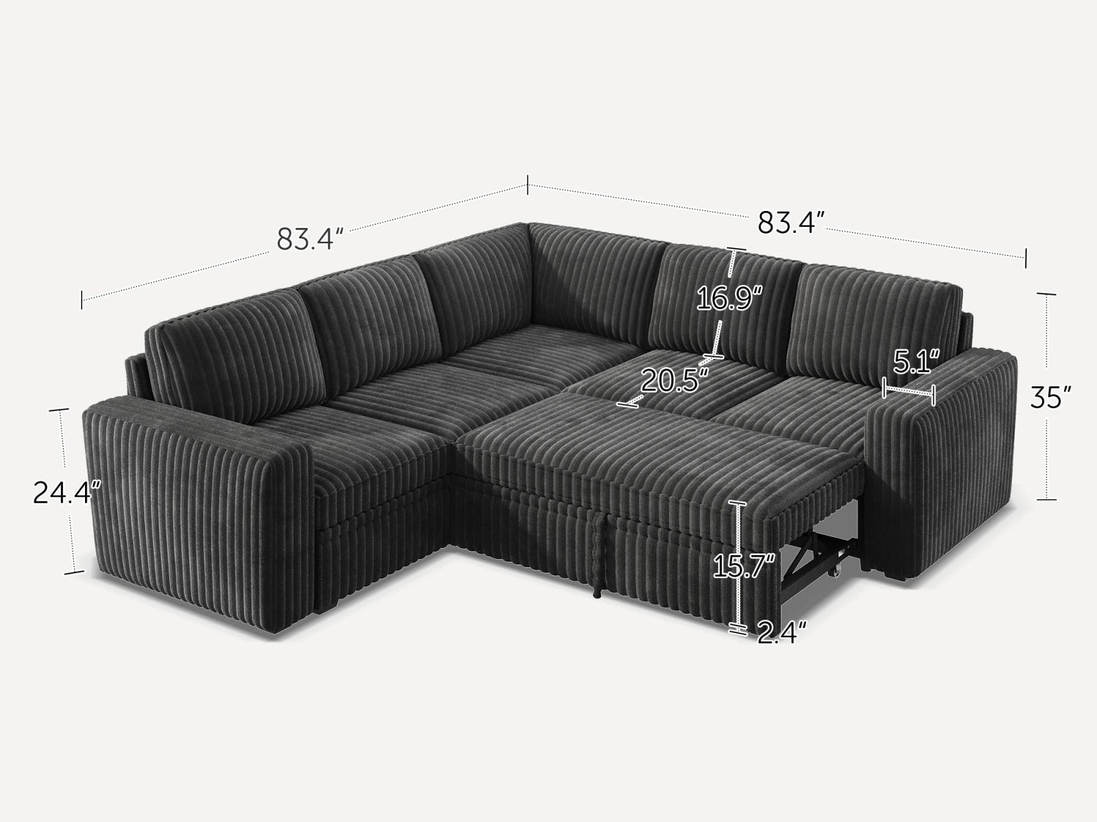 5-Piece Wide Plush Corduroy Modular Sleeper
 #Color_Corduroy Gray