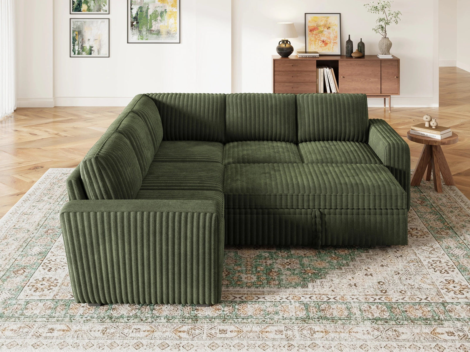 5-Piece Wide Plush Corduroy Modular Sleeper
 #Color_Corduroy Green