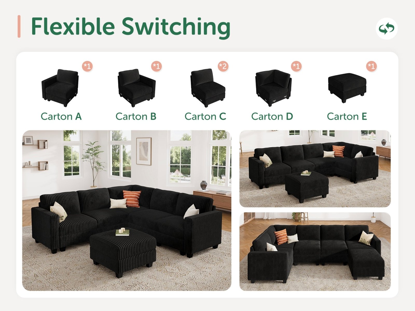 HONBAY 6-Piece Corduroy Modular L-Shaped Sectional Sofa With Hidden Storage Ottoman
#Color_Corduroy Black