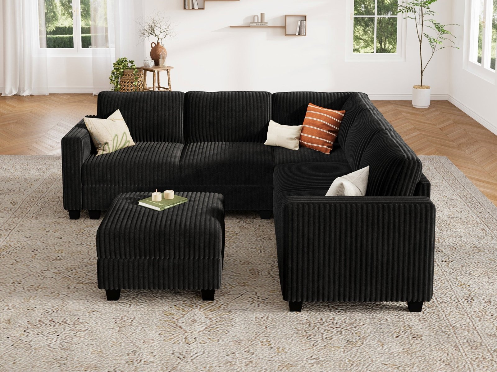 HONBAY 6-Piece Corduroy Modular L-Shaped Sectional Sofa With Hidden Storage Ottoman
#Color_Corduroy Black