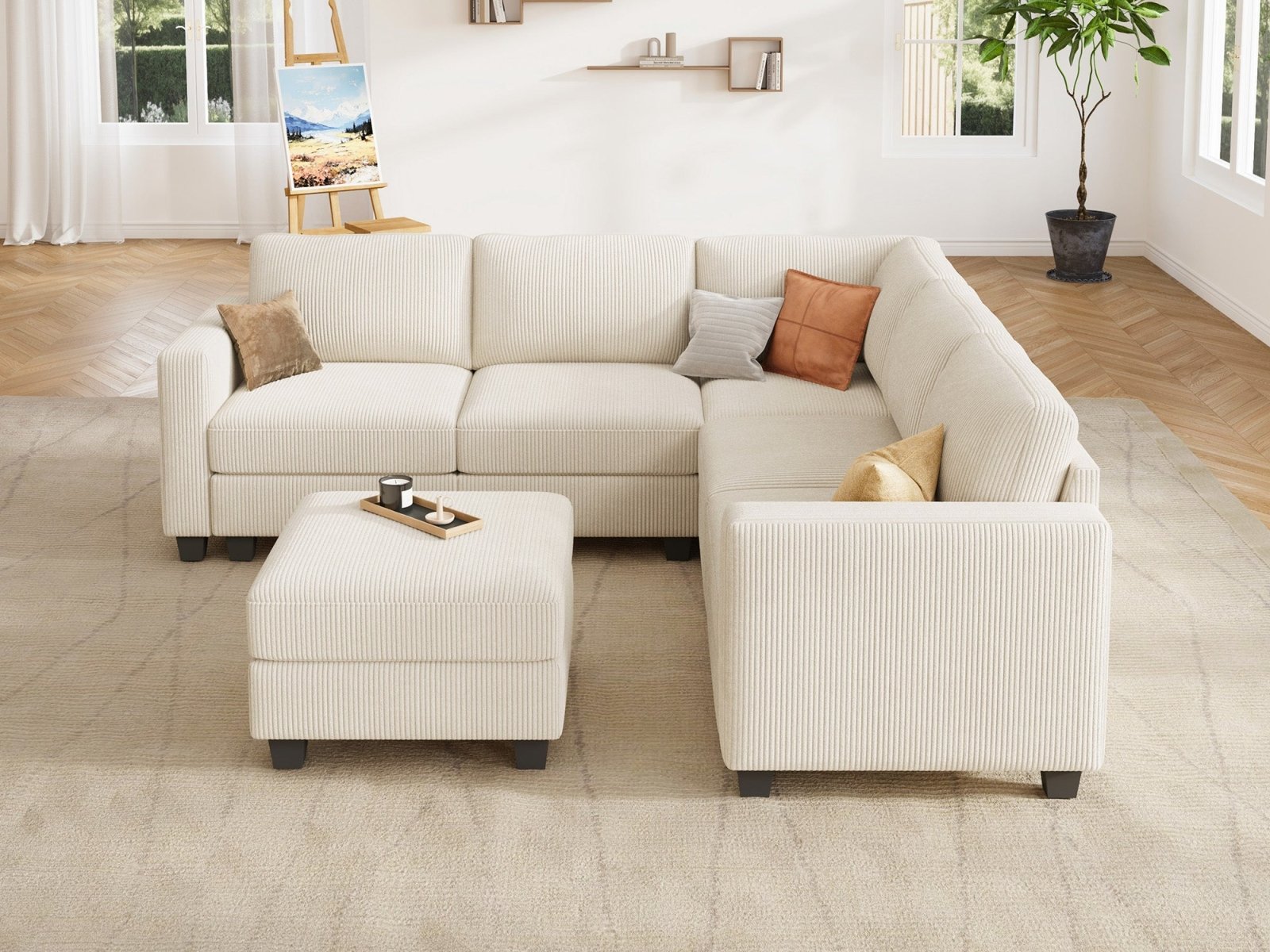 HONBAY 6-Piece Corduroy Modular L-Shaped Sectional Sofa With Hidden Storage Ottoman
#Color_Corduroy Beige