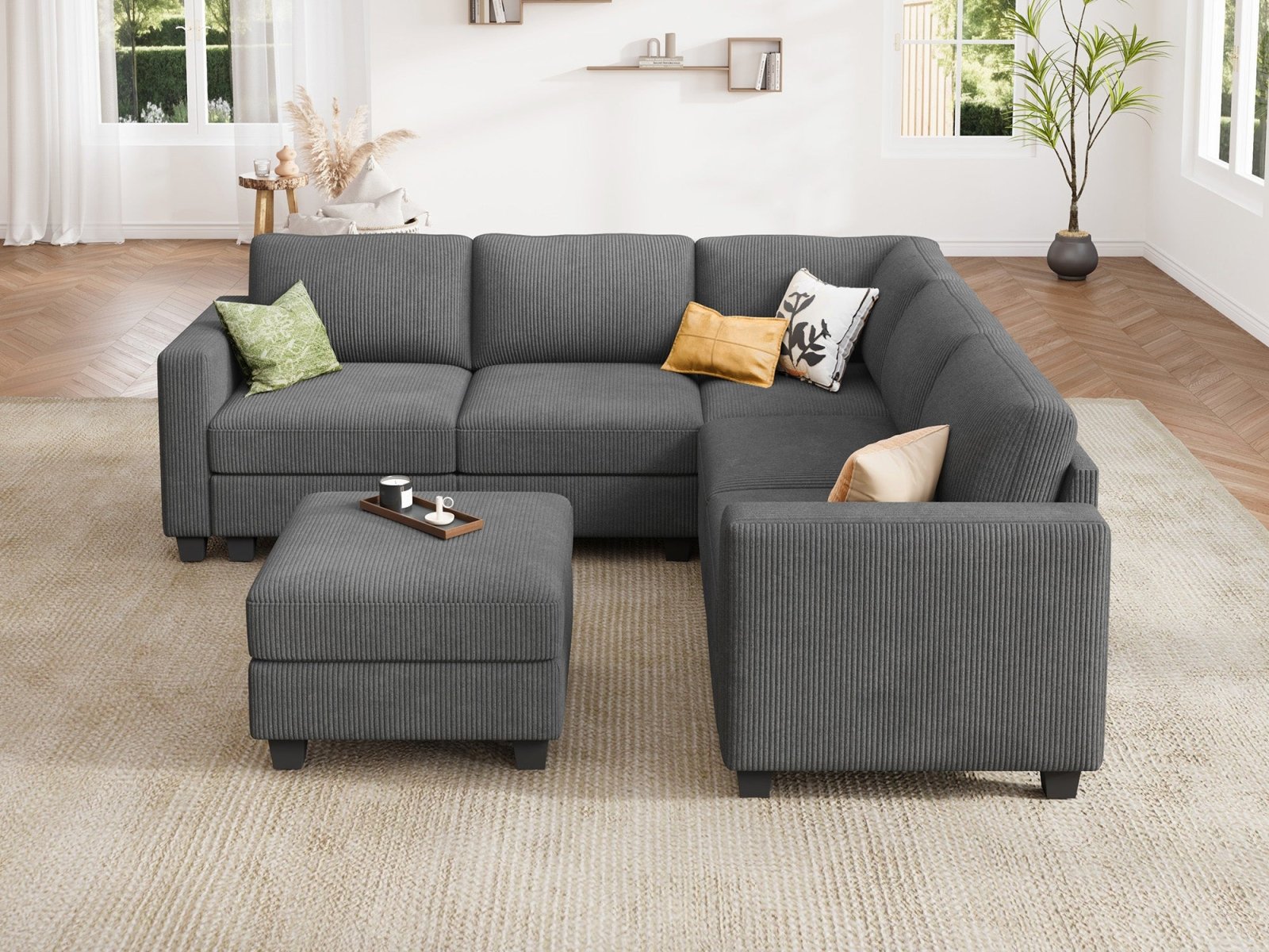 HONBAY 6-Piece Corduroy Modular L-Shaped Sectional Sofa With Hidden Storage Ottoman
#Color_Corduroy Grey