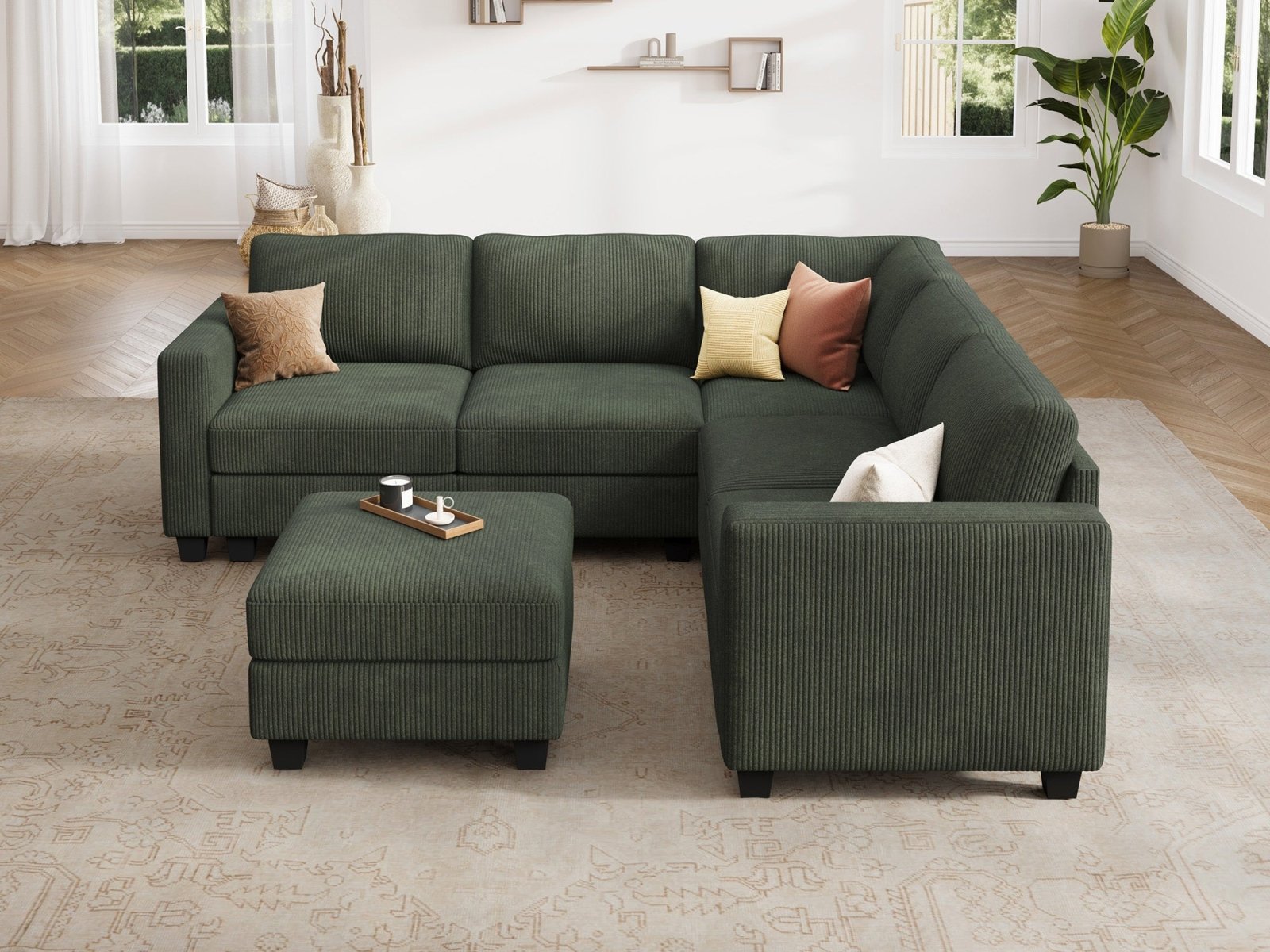 HONBAY 6-Piece Corduroy Modular L-Shaped Sectional Sofa With Hidden Storage Ottoman
#Color_Corduroy Green