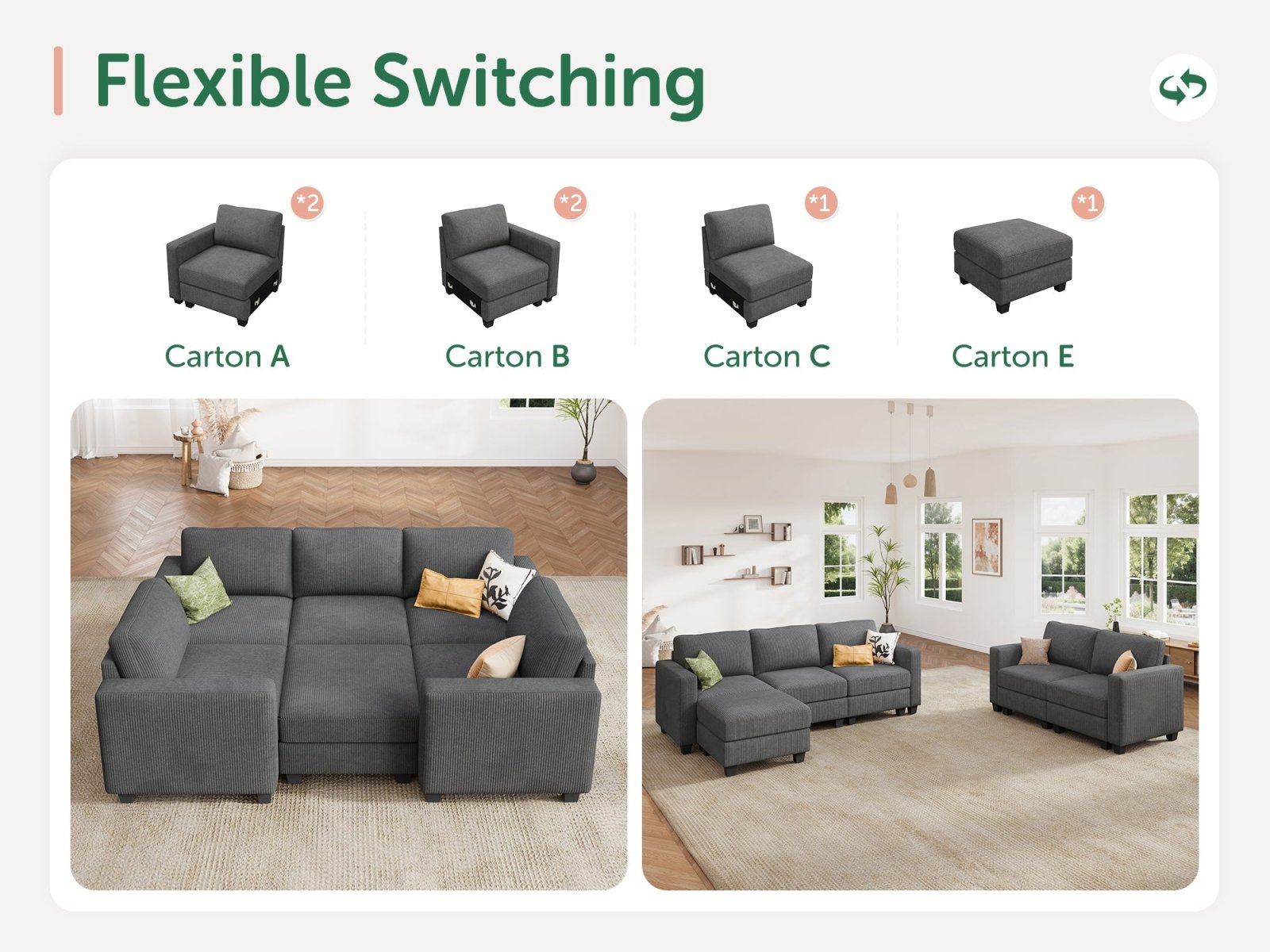 HONBAY 6-Piece Corduroy Modular Sleeper Sectional Sofa With Hidden Storage Ottoman
#Color_Corduroy Grey