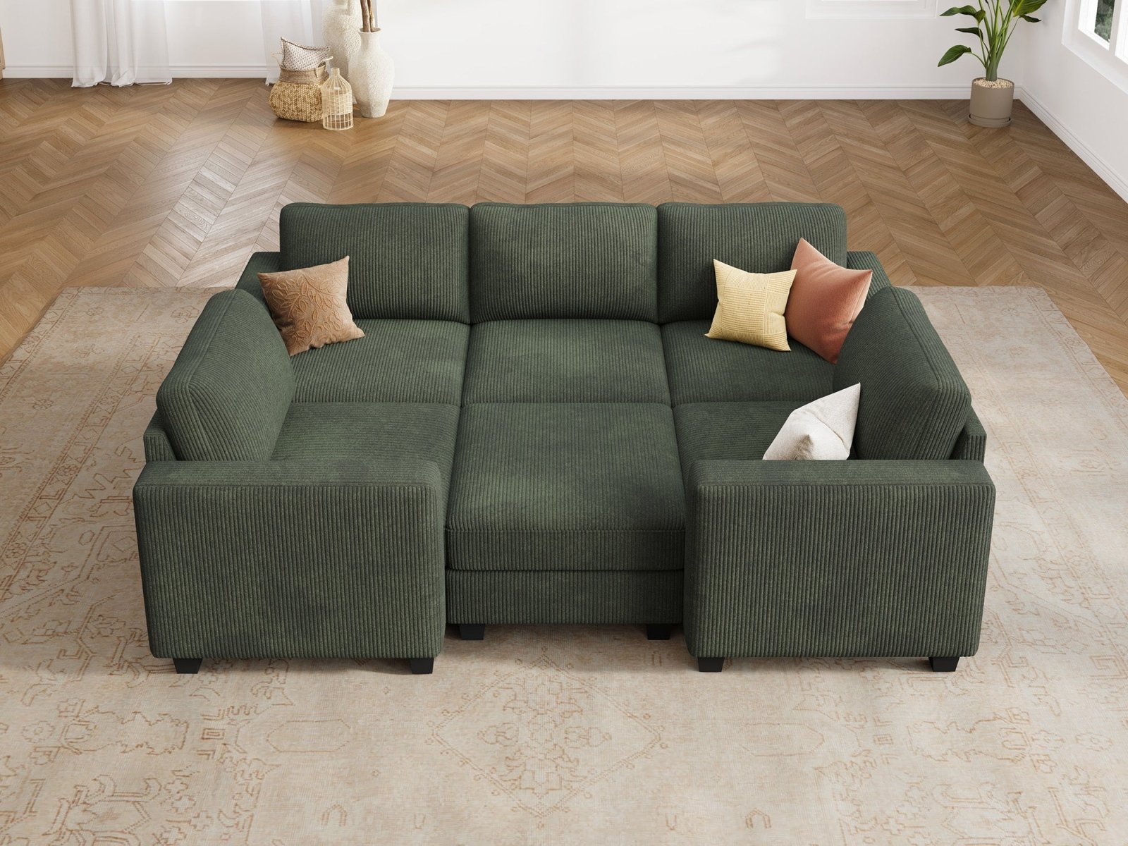 HONBAY 6-Piece Corduroy Modular Sleeper Sectional Sofa With Hidden Storage Ottoman
#Color_Corduroy Green