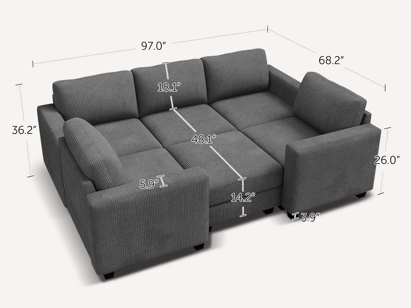 HONBAY 6-Piece Corduroy Modular Sleeper Sectional Sofa With Hidden Storage Ottoman
#Color_Corduroy Grey