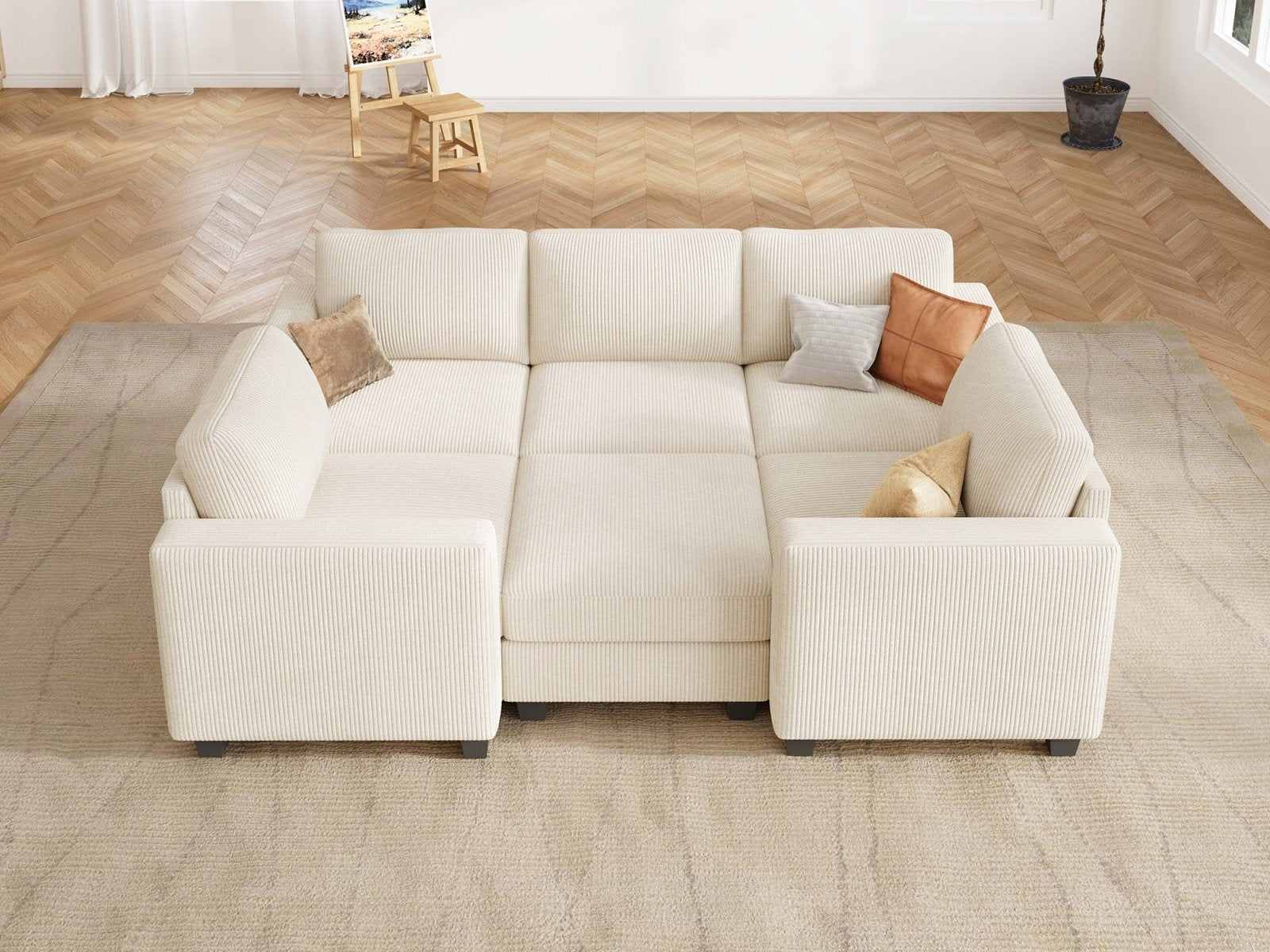 HONBAY 6-Piece Corduroy Modular Sleeper Sectional Sofa With Hidden Storage Ottoman
#Color_Corduroy Beige