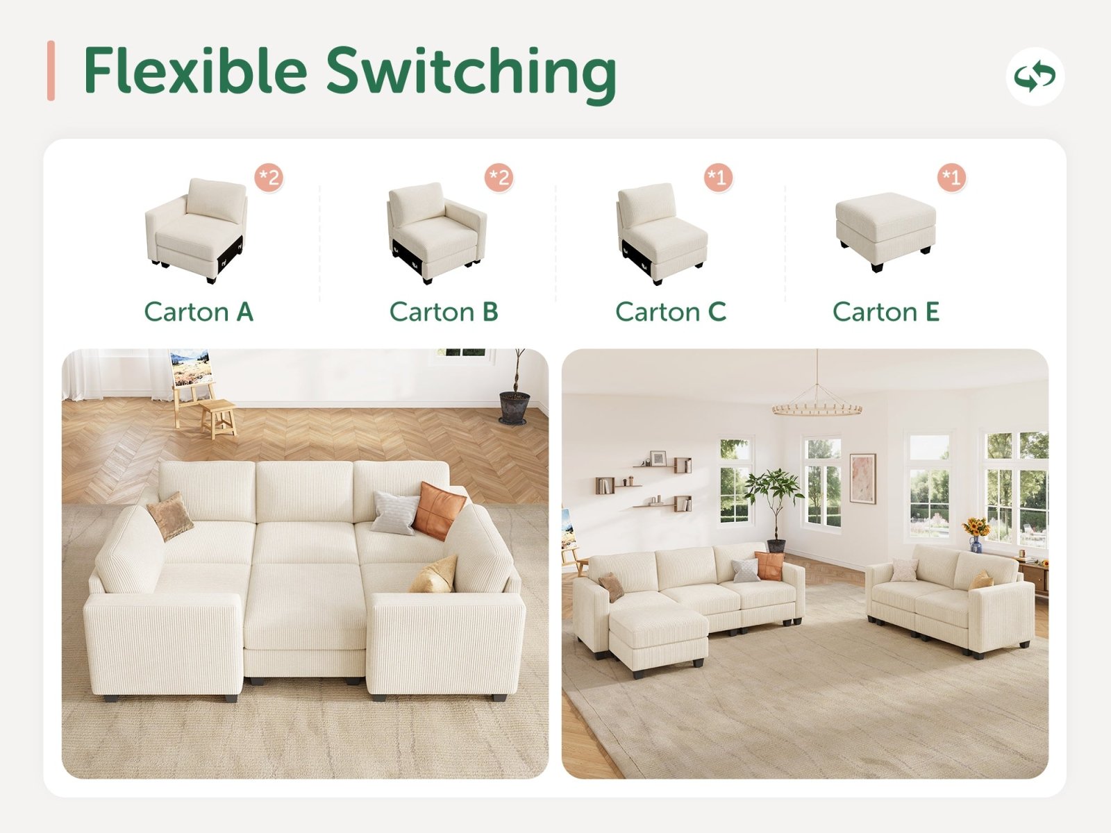 HONBAY 6-Piece Corduroy Modular Sleeper Sectional Sofa With Hidden Storage Ottoman
#Color_Corduroy Beige
