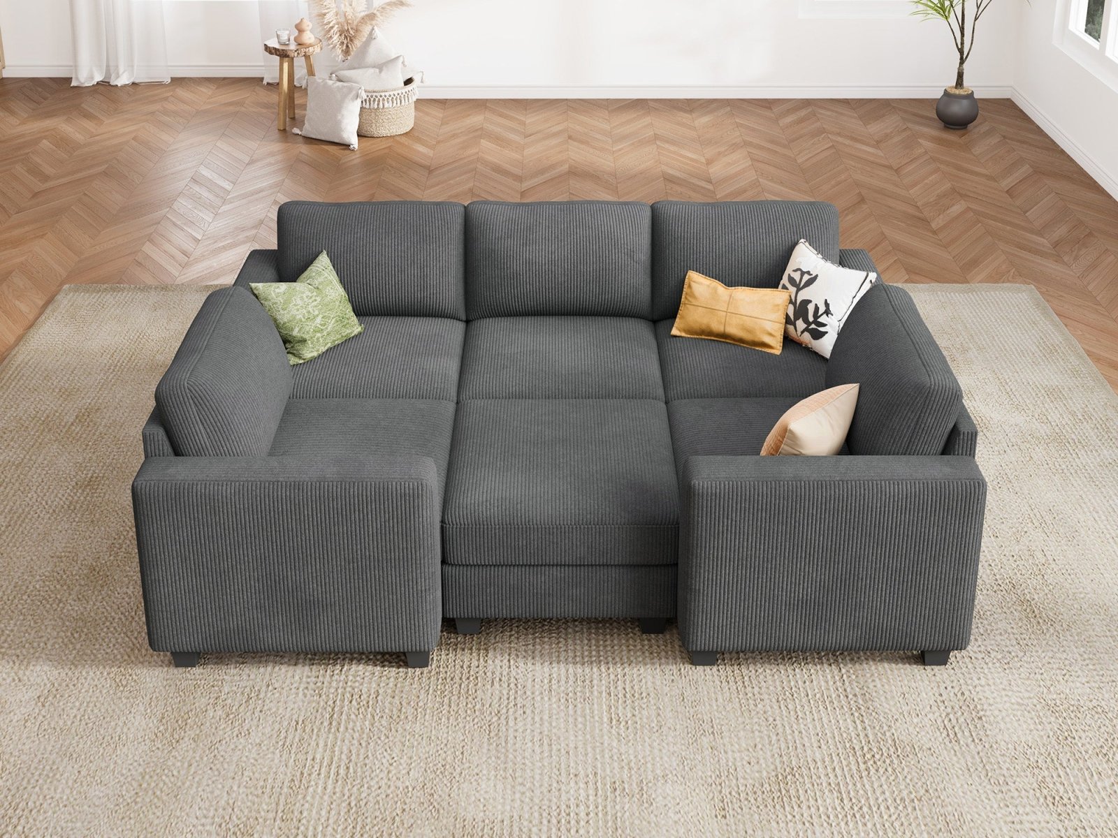 HONBAY 6-Piece Corduroy Modular Sleeper Sectional Sofa With Hidden Storage Ottoman
#Color_Corduroy Grey