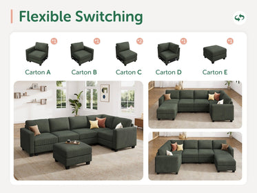 HONBAY 6-Piece Corduroy Modular U-Shaped Sectional Sofa With Hidden Storage Ottoman
#Color_Corduroy Green