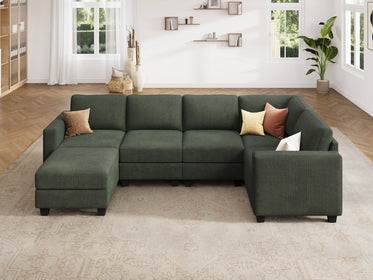 HONBAY 6-Piece Corduroy Modular U-Shaped Sectional Sofa With Hidden Storage Ottoman
#Color_Corduroy Green
