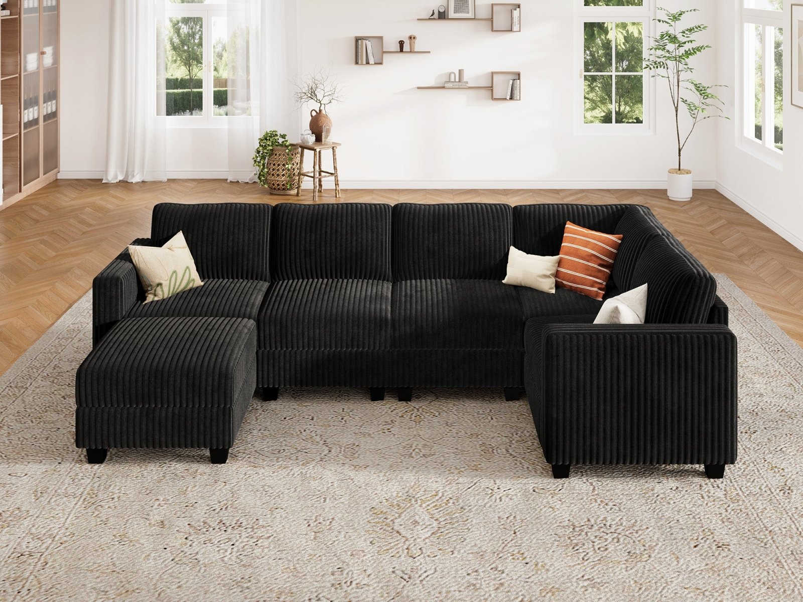 HONBAY 6-Piece Corduroy Modular U-Shaped Sectional Sofa With Hidden Storage Ottoman
#Color_Corduroy Black