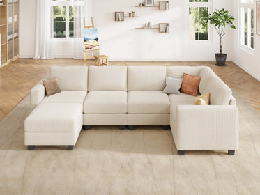 HONBAY 6-Piece Corduroy Modular U-Shaped Sectional Sofa With Hidden Storage Ottoman
#Color_Corduroy Beige