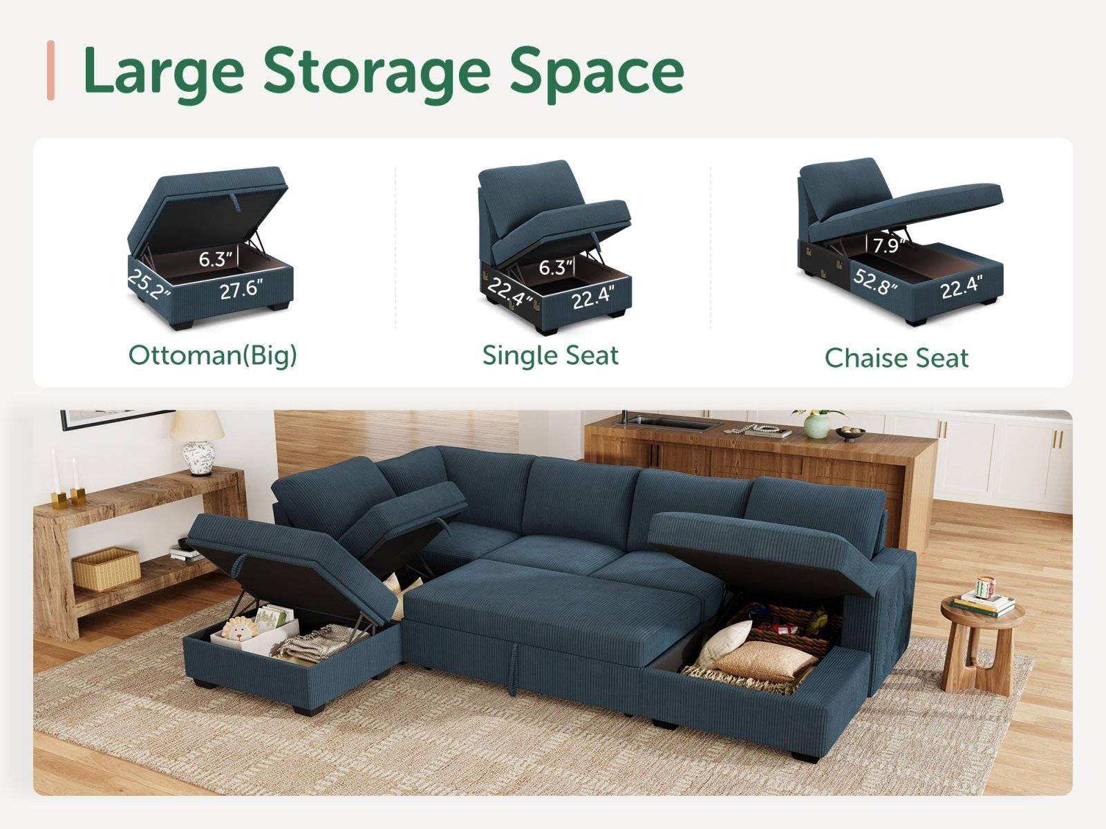 6-Piece Corduroy U-Shaped  Sleeper Sectional  
#Color_Corduroy Blue