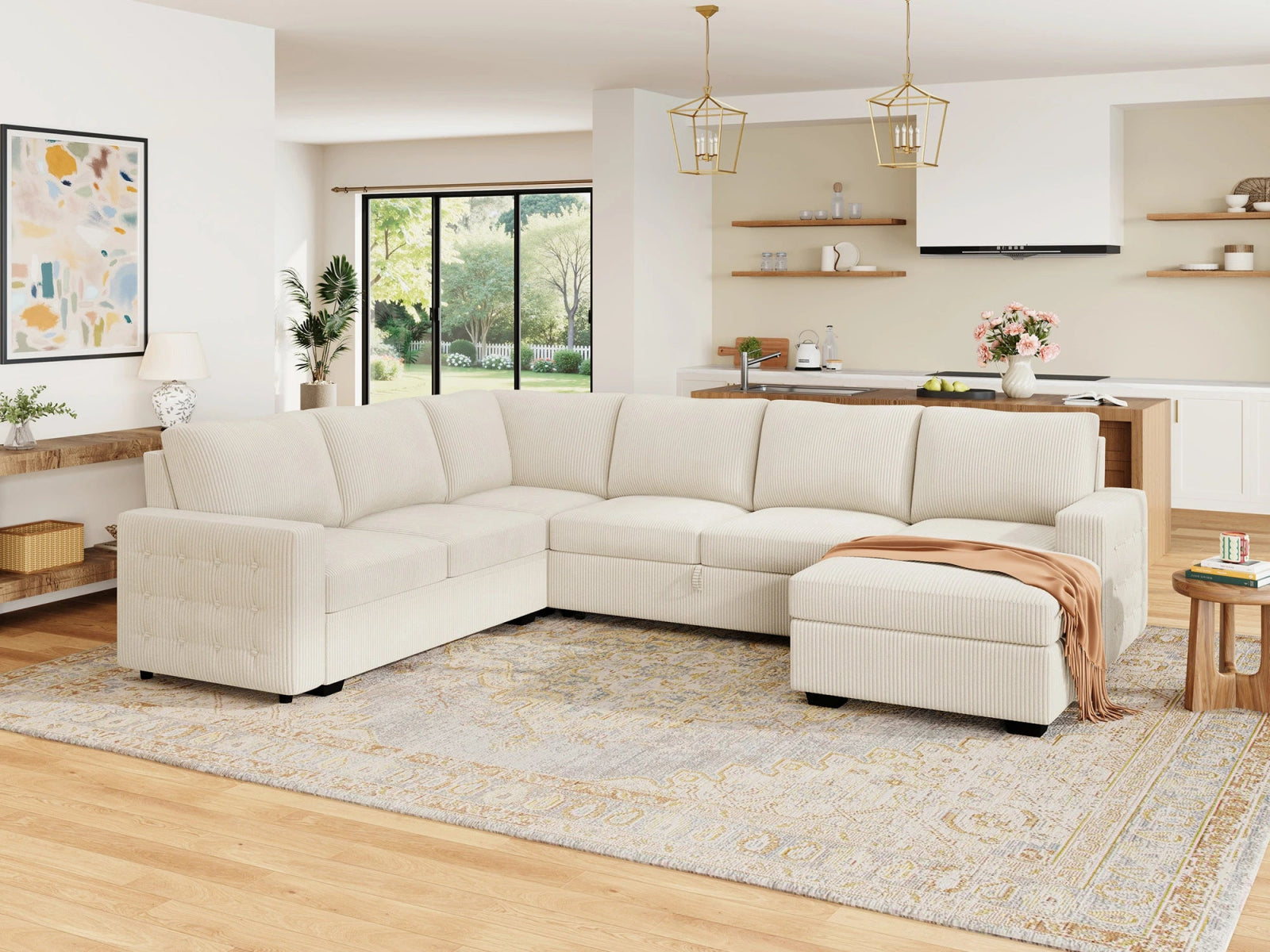 6-Piece Corduroy U-Shaped  Sleeper Sectional
#Color_Corduroy Beige