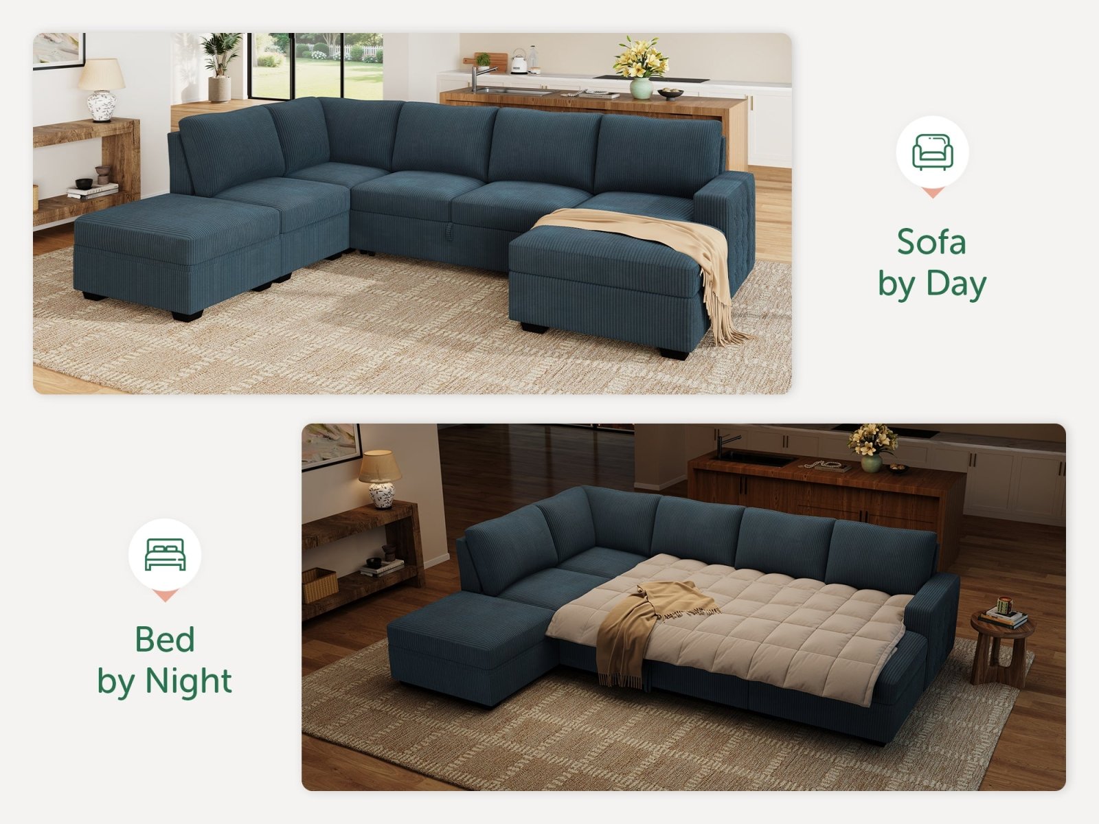 6-Piece Corduroy U-Shaped  Sleeper Sectional  
#Color_Corduroy Blue