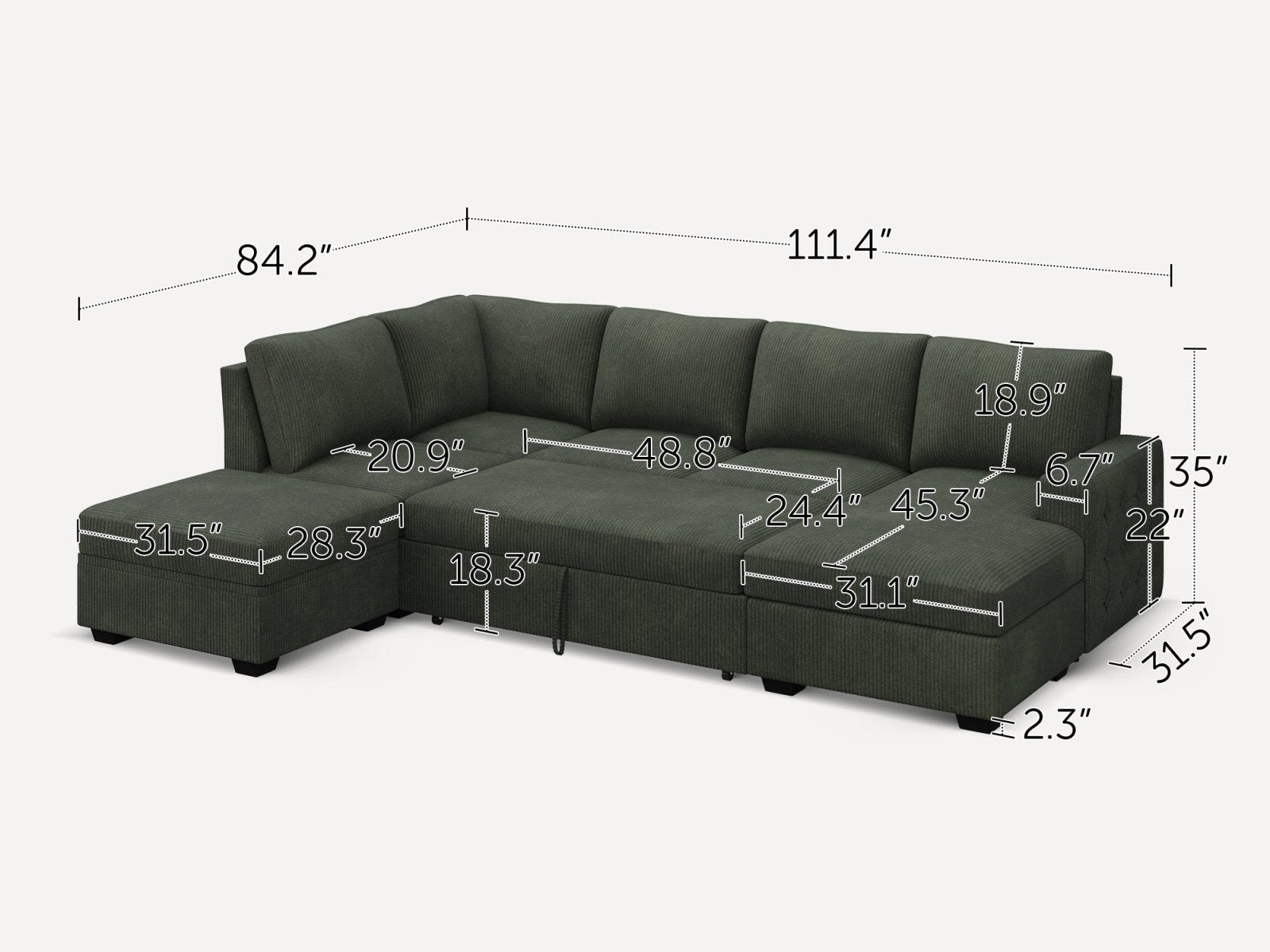 6-Piece Corduroy U-Shaped  Sleeper Sectional  
#Color_Corduroy Green