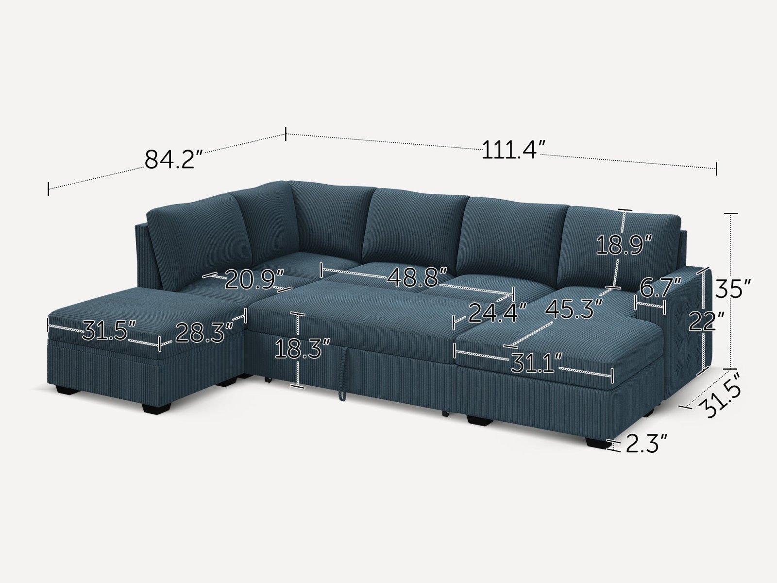 6-Piece Corduroy U-Shaped  Sleeper Sectional  
#Color_Corduroy Blue