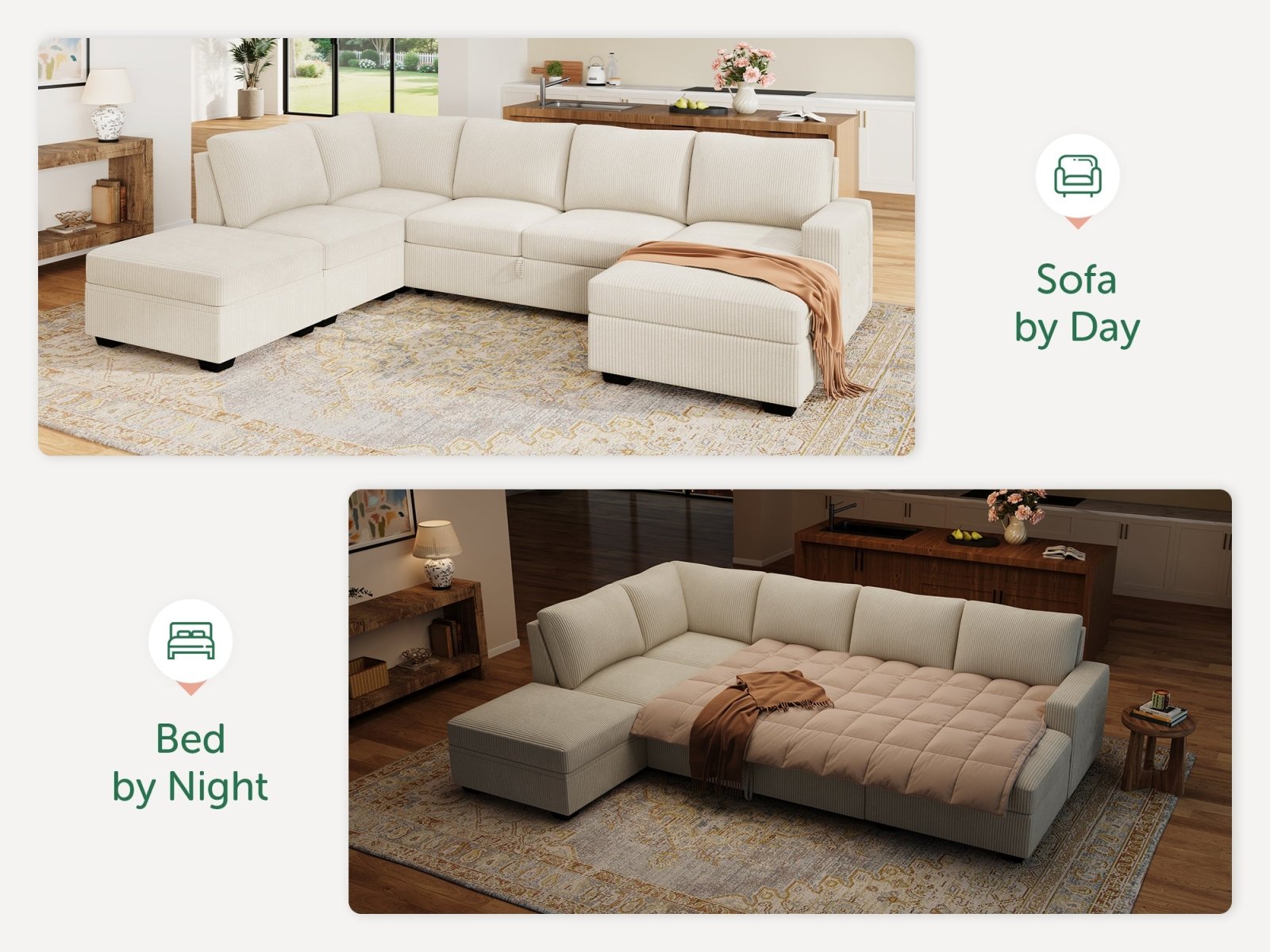6-Piece Corduroy U-Shaped  Sleeper Sectional  
#Color_Corduroy Beige