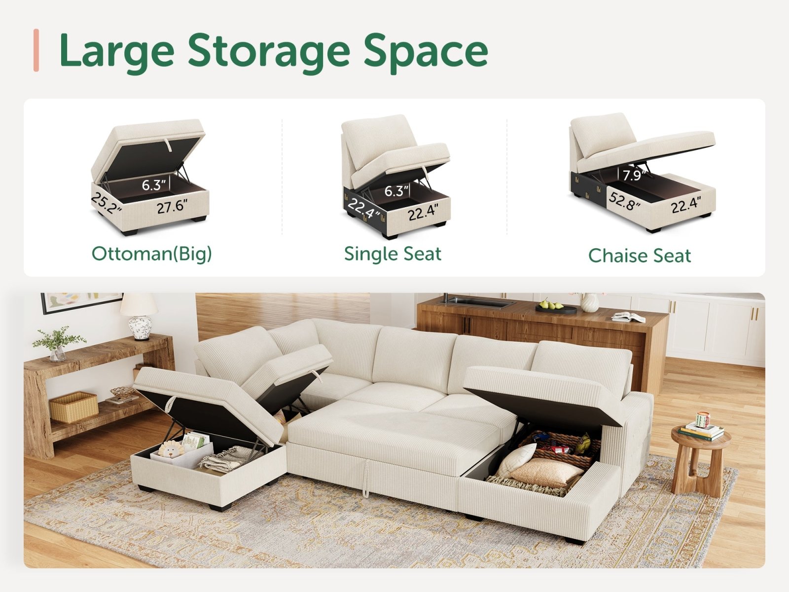 6-Piece Corduroy U-Shaped  Sleeper Sectional  
#Color_Corduroy Beige