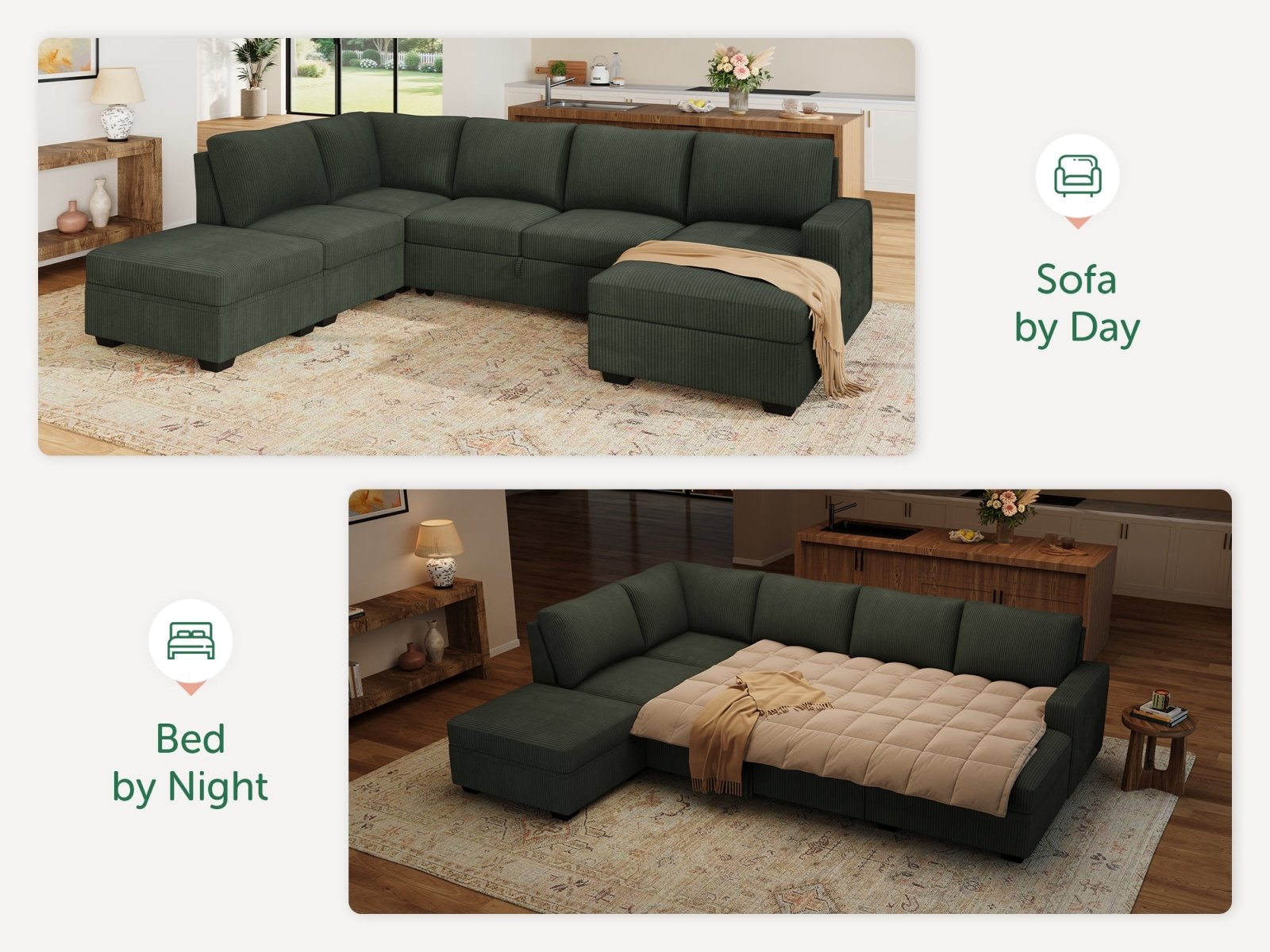 6-Piece Corduroy U-Shaped  Sleeper Sectional  
#Color_Corduroy Green