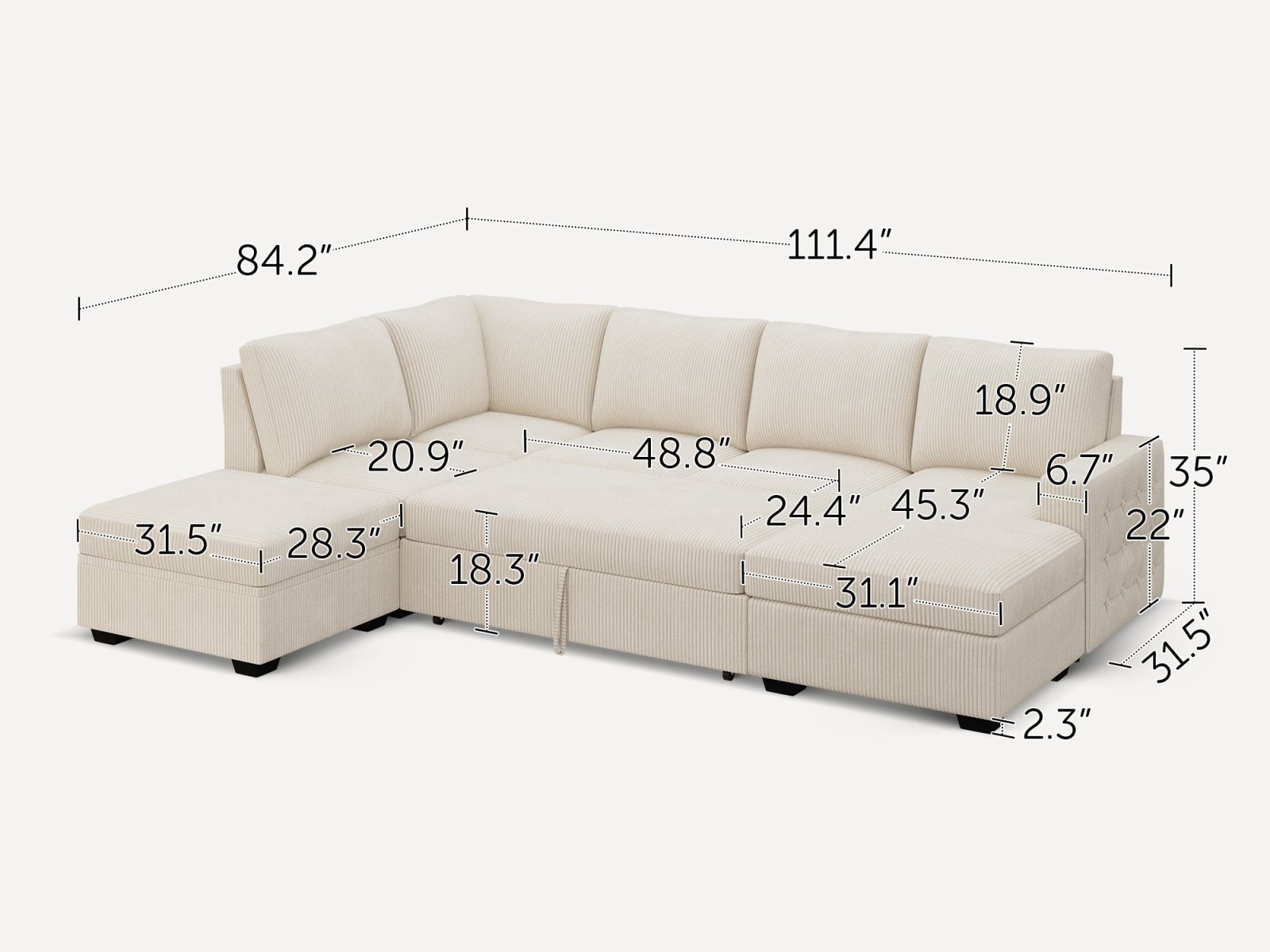 6-Piece Corduroy U-Shaped  Sleeper Sectional  
#Color_Corduroy Beige