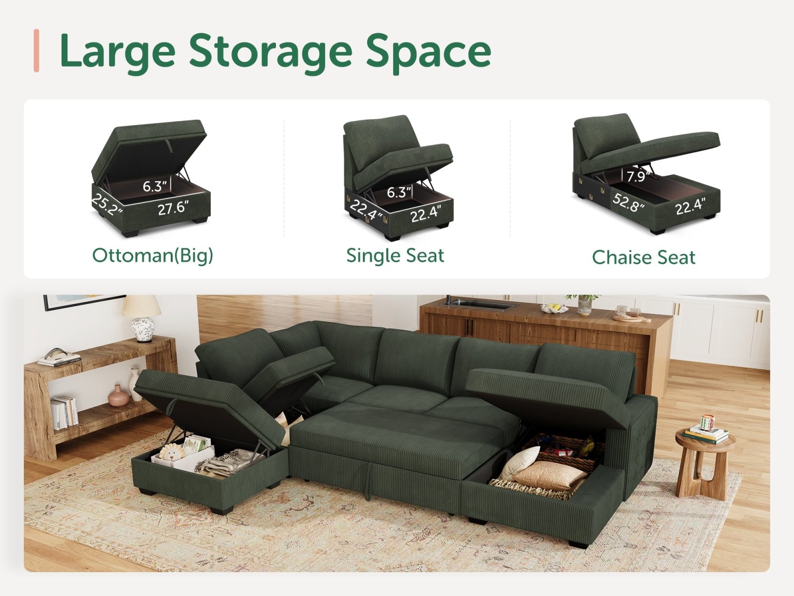 6-Piece Corduroy U-Shaped  Sleeper Sectional  
#Color_Corduroy Green