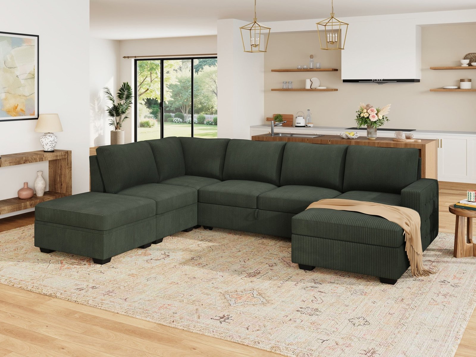 6-Piece Corduroy U-Shaped  Sleeper Sectional  
#Color_Corduroy Green