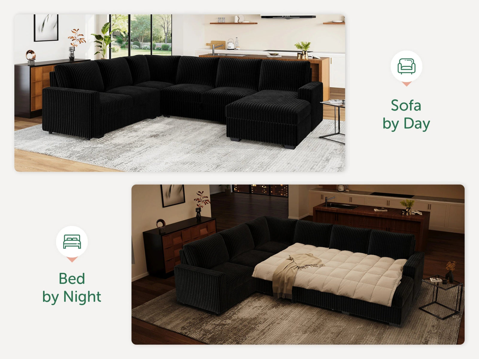 6-Piece Corduroy U-Shaped  Sleeper Sectional
#Color_Wide Corduroy Black