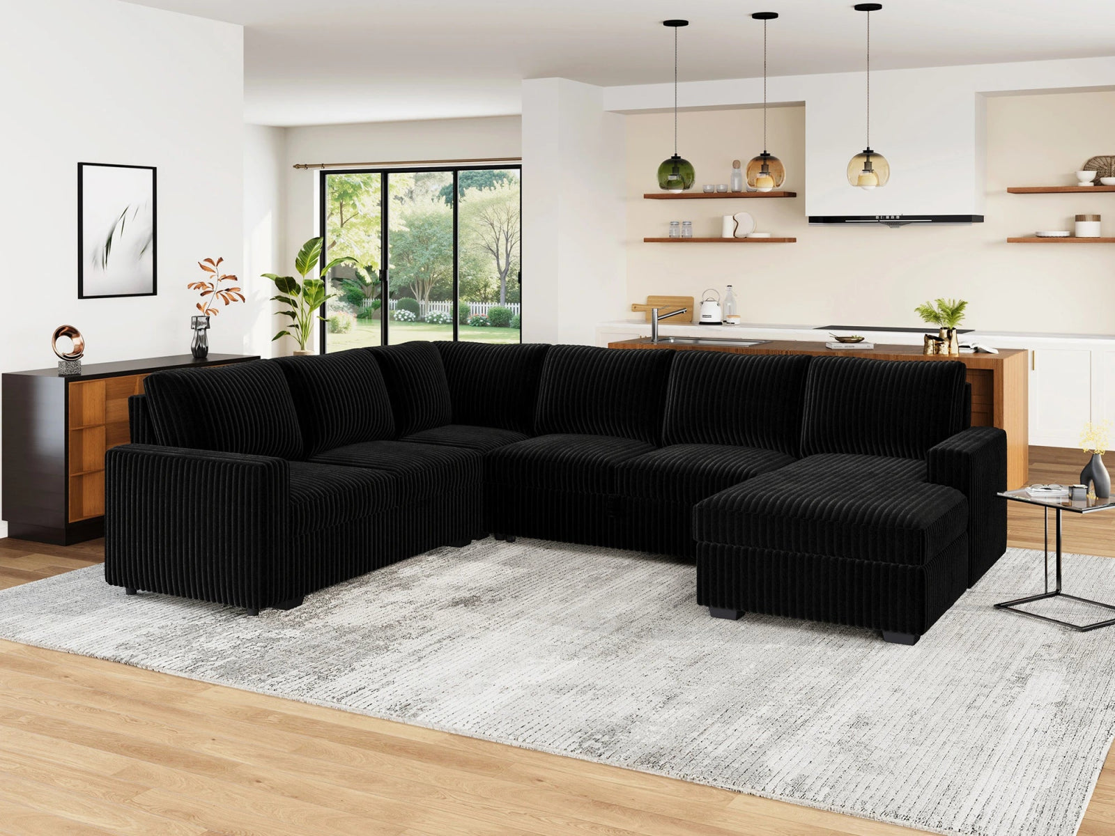 6-Piece Corduroy U-Shaped  Sleeper Sectional
#Color_Wide Corduroy Black