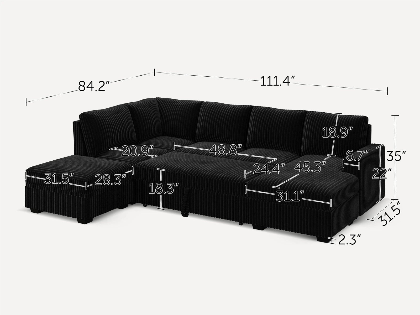 6-Piece Corduroy U-Shaped  Sleeper Sectional  
#Color_Wide Corduroy Black