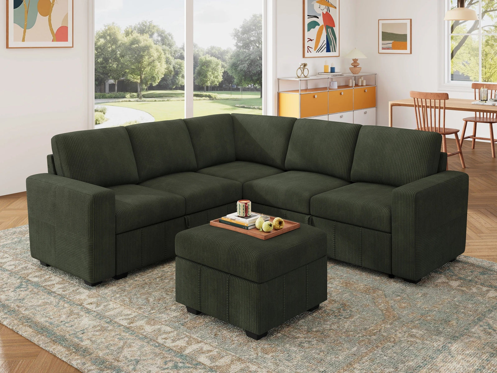 HONBAY 6-Piece Oversized Corduroy Pull-Out Sleeper Sectional Sofa with Storage & Block Arm