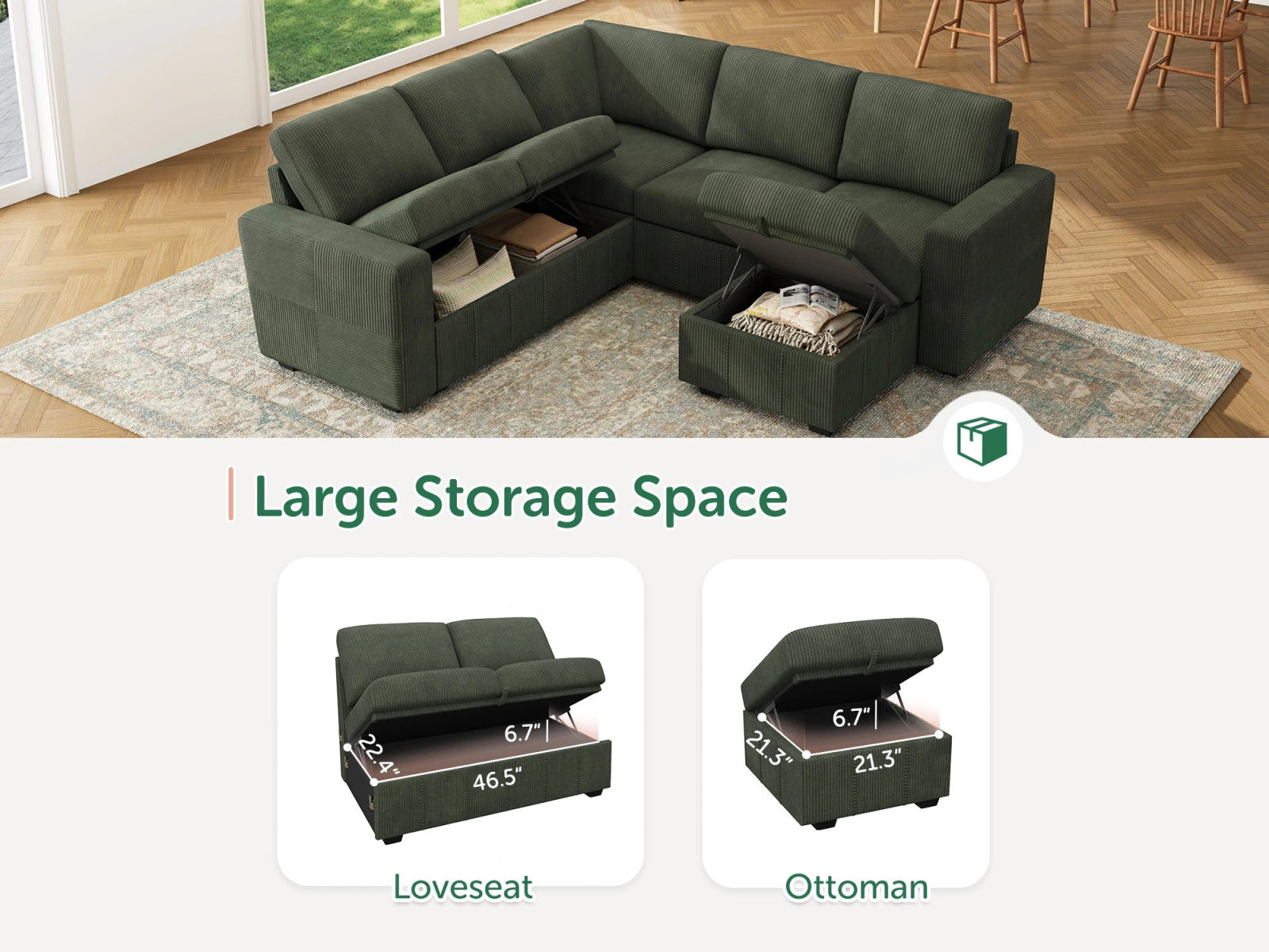 HONBAY 6-Piece Oversized Corduroy Pull-Out Sleeper Sectional Sofa with Storage & Block Arm