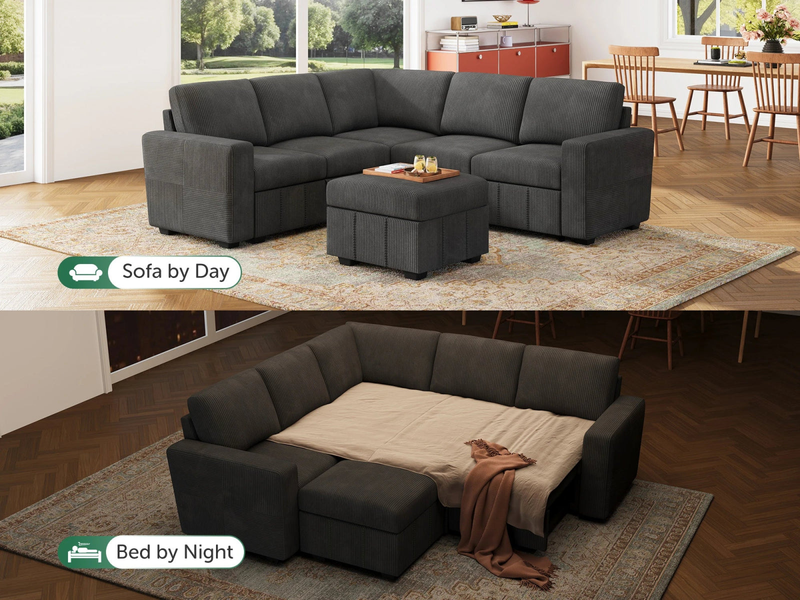 HONBAY 6-Piece Oversized Corduroy Pull-Out Sleeper Sectional Sofa with Storage & Block Arm