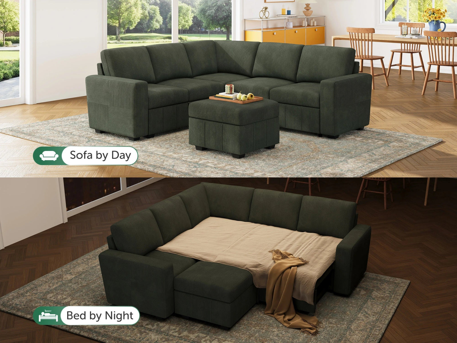 HONBAY 6-Piece Oversized Corduroy Pull-Out Sleeper Sectional Sofa with Storage & Block Arm