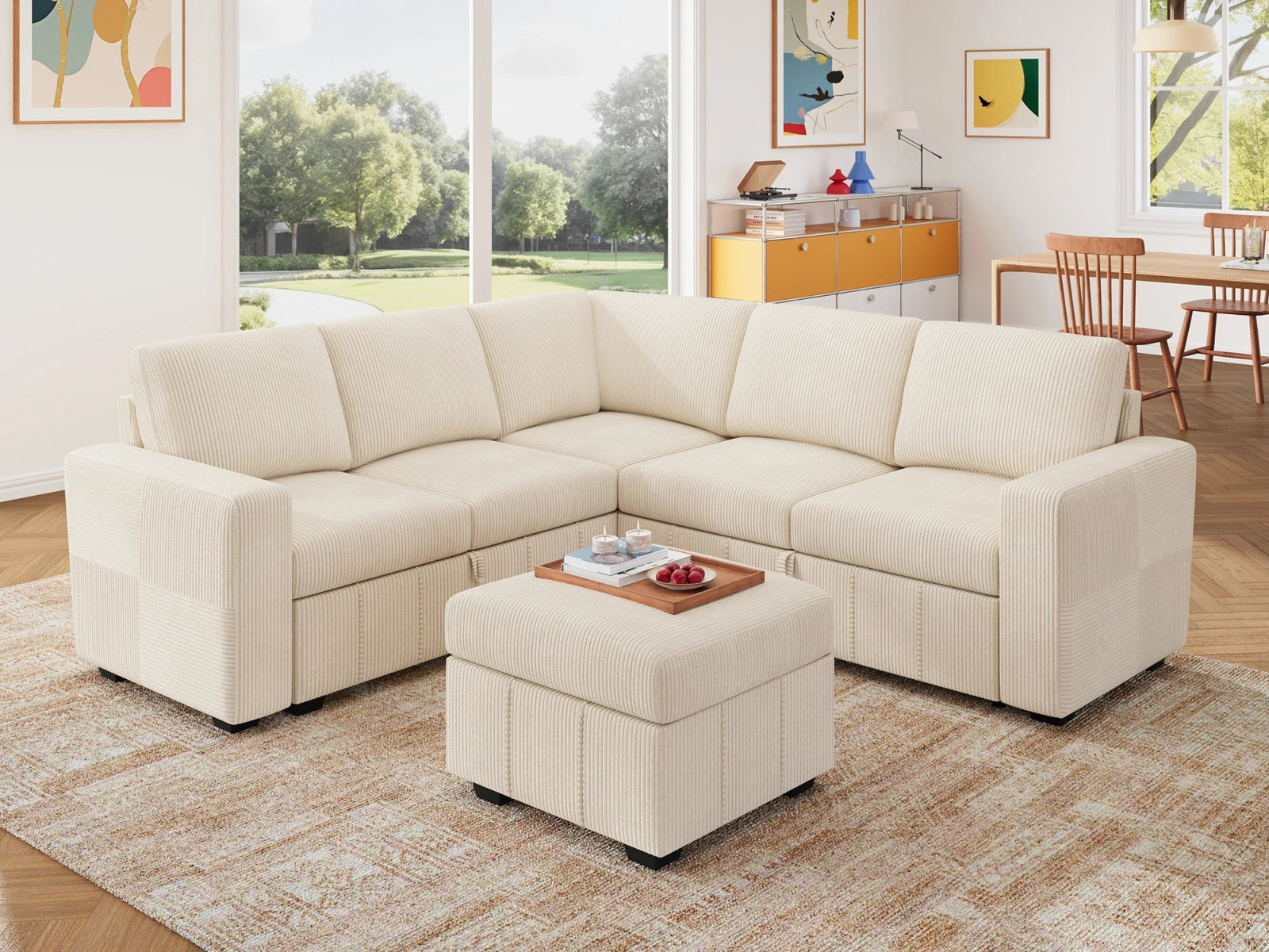HONBAY 6-Piece Oversized Corduroy Pull-Out Sleeper Sectional Sofa with Storage & Block Arm