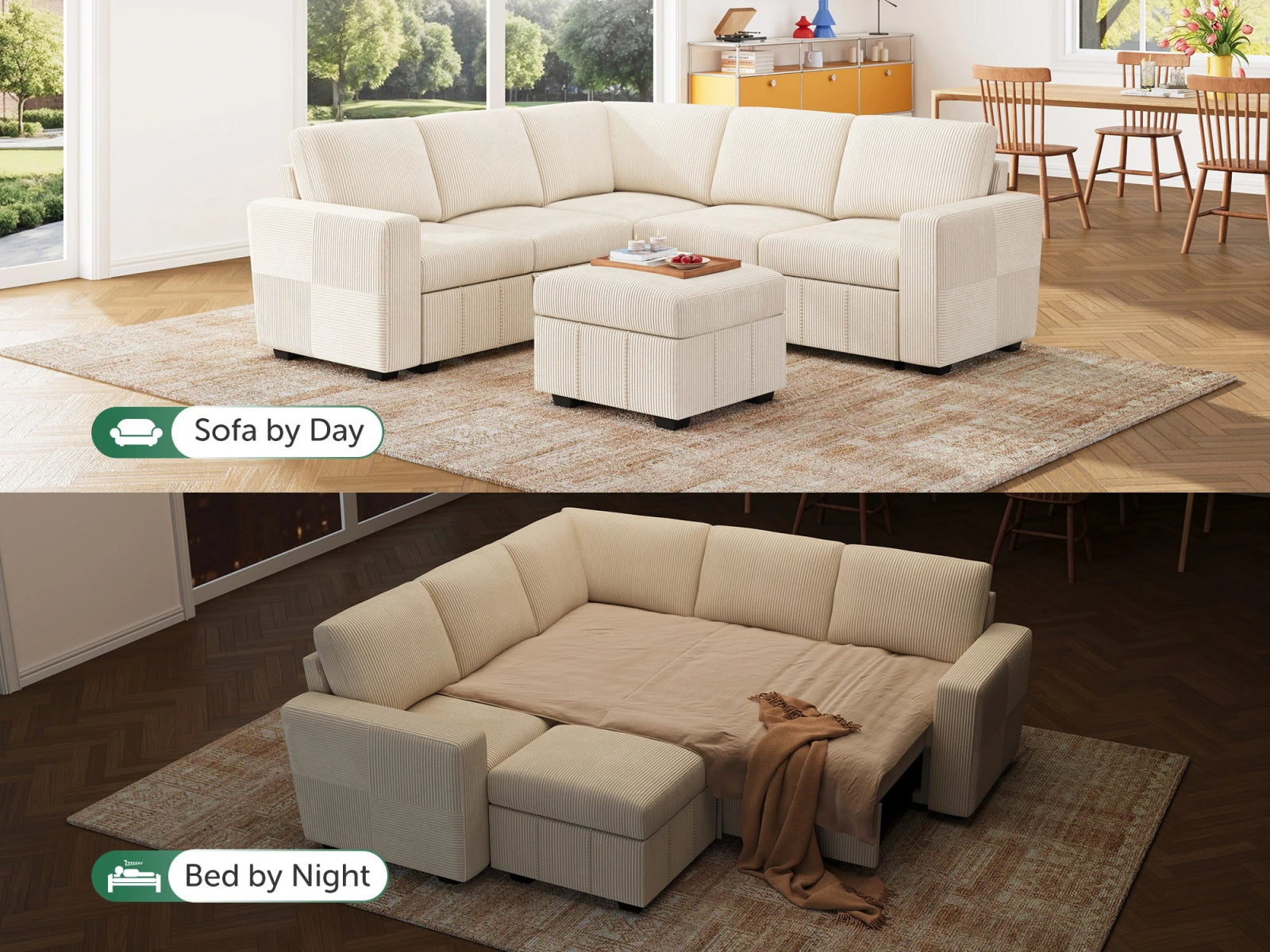 HONBAY 6-Piece Oversized Corduroy Pull-Out Sleeper Sectional Sofa with Storage & Block Arm