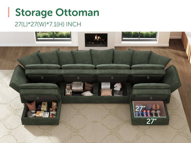HONBAY 6-Piece Plush double-layer Cushion Corduroy Modular U-Shaped Sectional Cloud Sofa
#Color_Corduroy Green