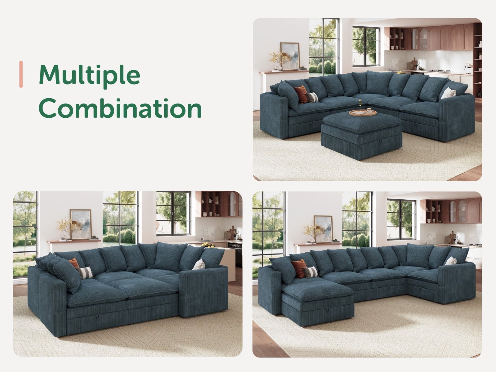 HONBAY 6-Piece Plush double-layer Cushion Corduroy Modular U-Shaped Sectional Cloud Sofa
#Color_Corduroy Blue