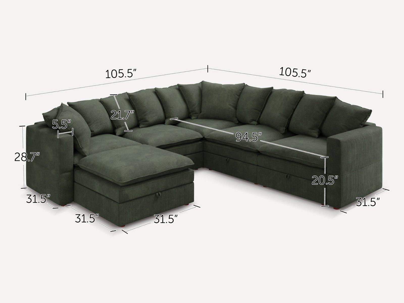 HONBAY 6-Piece Plush double-layer Cushion Corduroy Modular U-Shaped Sectional Cloud Sofa
#Color_Corduroy Green