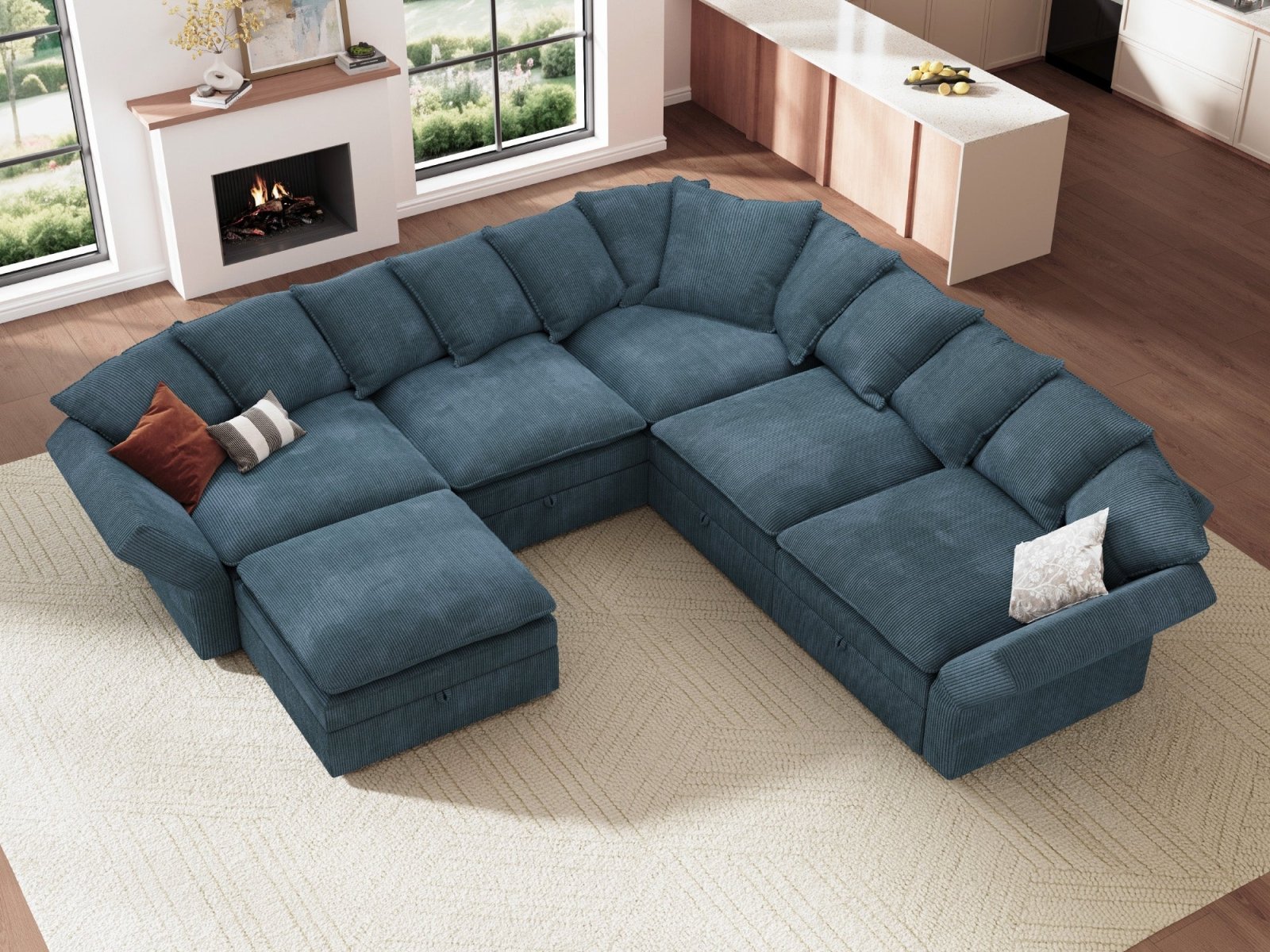 HONBAY 6-Piece Plush double-layer Cushion Corduroy Modular U-Shaped Sectional Cloud Sofa
#Color_Corduroy Blue