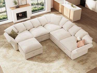 HONBAY 6-Piece Plush double-layer Cushion Corduroy Modular U-Shaped Sectional Cloud Sofa
#Color_Corduroy Beige