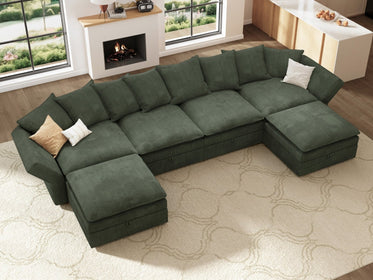 HONBAY 6-Piece Plush double-layer Cushion Corduroy Modular U-Shaped Sectional Cloud Sofa
#Color_Corduroy Green