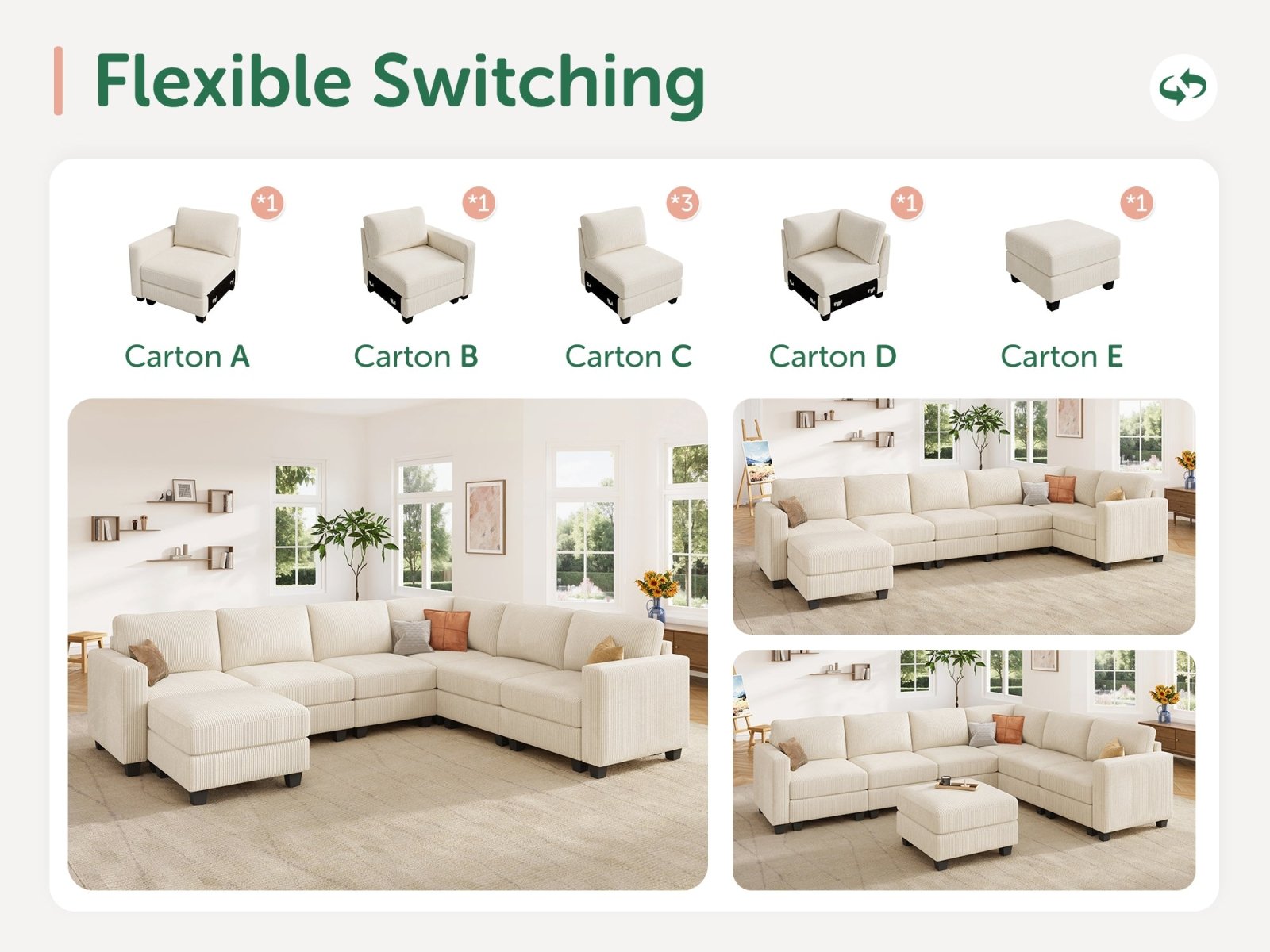 HONBAY 7-Piece Corduroy Modular U-Shaped Sectional Sofa With Hidden Storage Ottoman
#Color_Corduroy Beige