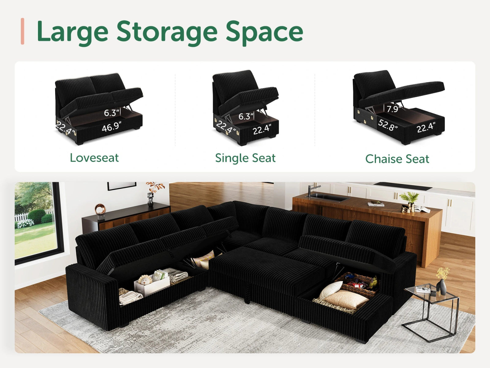 7-Piece Corduroy U-Shaped  Sleeper Sectional
#Color_Wide Corduroy Black