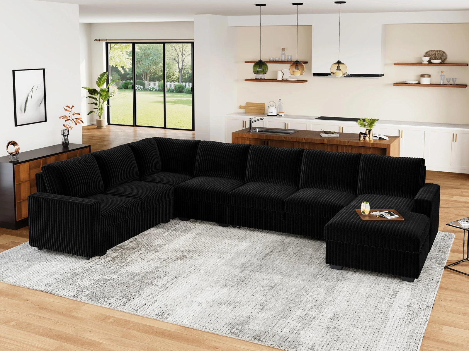 7-Piece Corduroy U-Shaped  Sleeper Sectional
#Color_Wide Corduroy Black